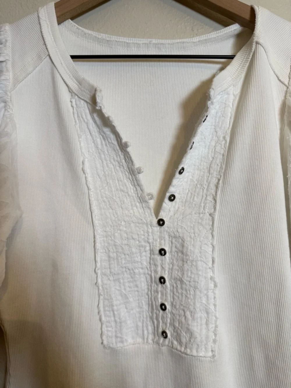 Anthropologie Ivory Textured Puff-Sleeve Button Henley Blouse